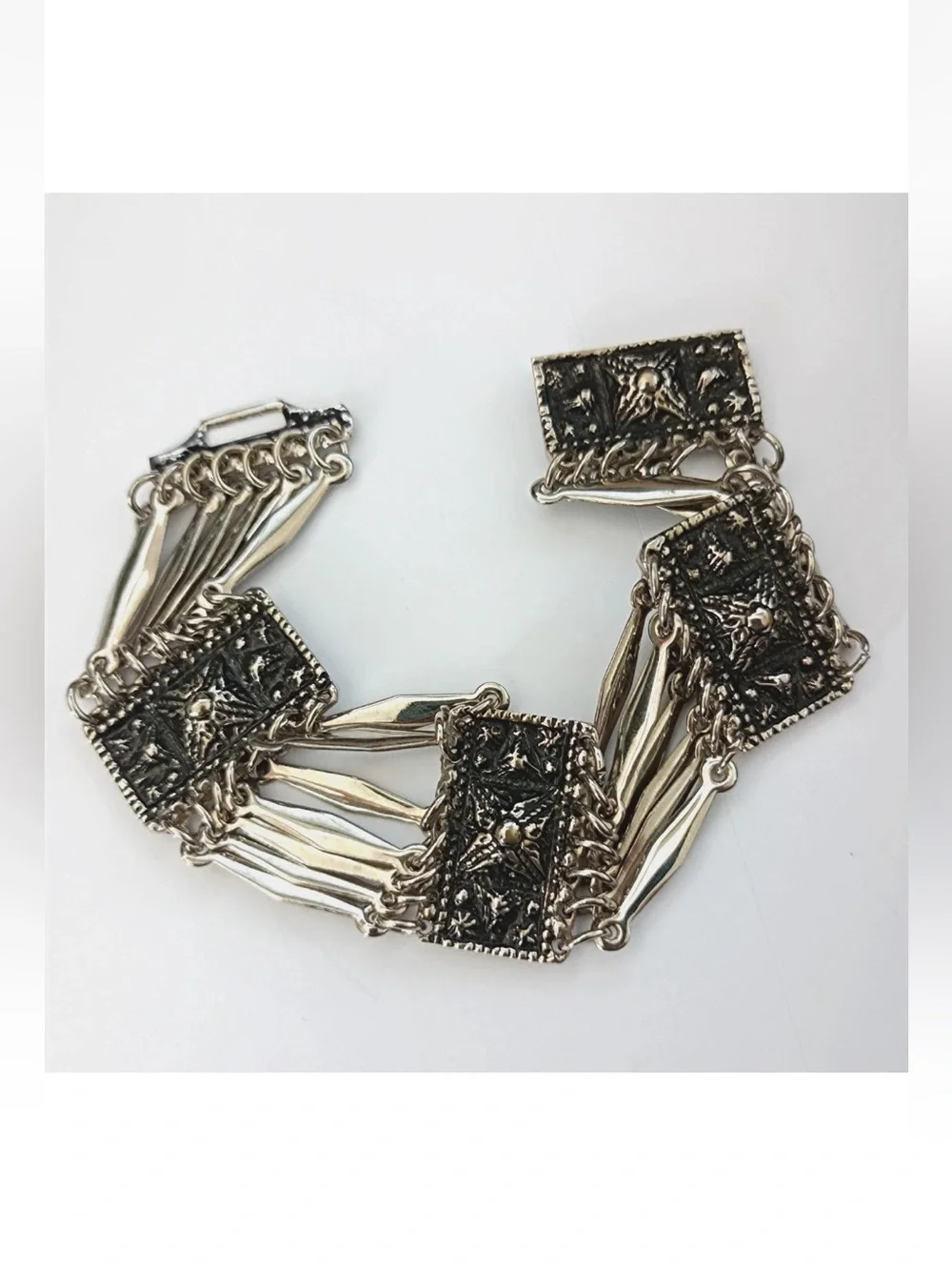 Mexico Art Deco Wide Panel Link Bracelet Signed Bohemian